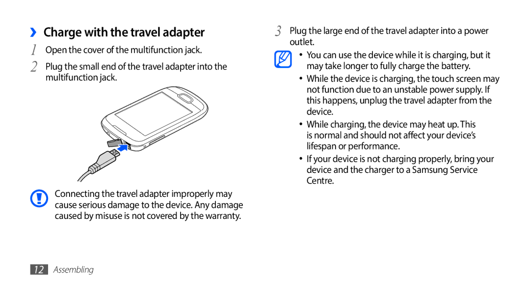 Samsung GT-S5570EGADBT, GT-S5570CWAVDR, GT-S5570AAAXEG, GT-S5570AAADBT manual ›› Charge with the travel adapter, Outlet 