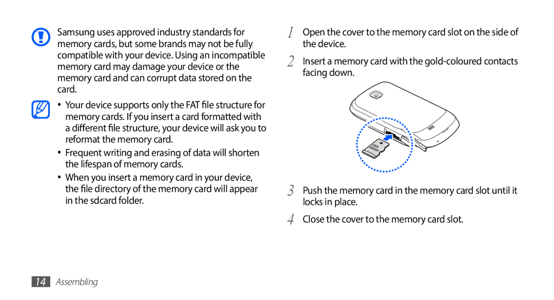 Samsung GT-S5570AAATPH, GT-S5570CWAVDR manual Device, Facing down, Locks in place, Close the cover to the memory card slot 