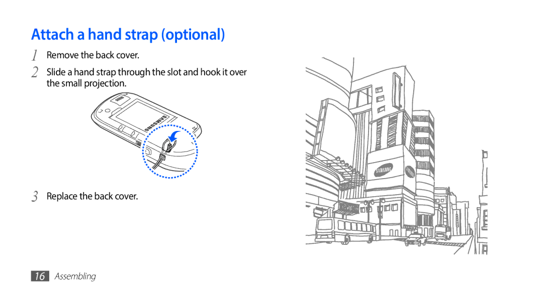 Samsung GT-S5570AAAEPL, GT-S5570CWAVDR, GT-S5570AAAXEG, GT-S5570AAADBT manual Attach a hand strap optional, Small projection 