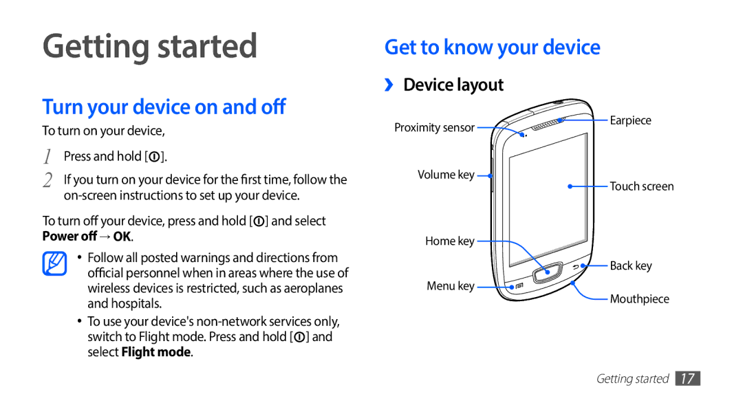 Samsung GT-S5570MAADTR manual Getting started, Turn your device on and off, Get to know your device, ›› Device layout 