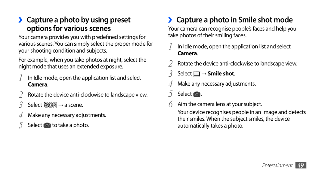 Samsung GT-S5570CWAOMN, GT-S5570CWAVDR manual ›› Capture a photo in Smile shot mode, Make any necessary adjustments 