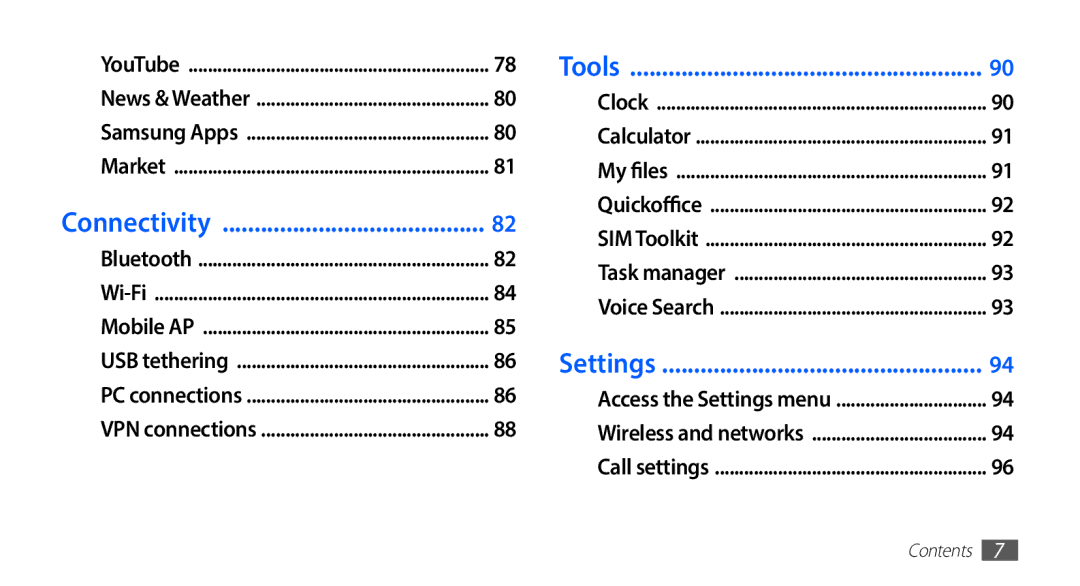 Samsung GT-S5570MAAVDR, GT-S5570CWAVDR, GT-S5570AAAXEG, GT-S5570AAADBT, GT-S5570AAAVD2 manual Connectivity, Tools, Settings 