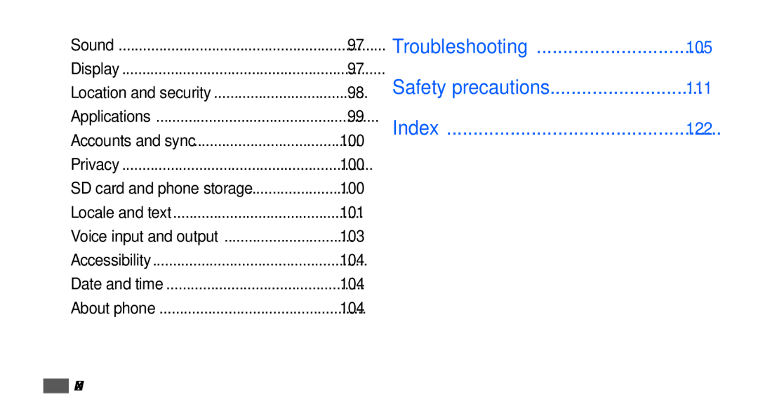 Samsung GT-S5570EGAATO, GT-S5570CWAVDR, GT-S5570AAAXEG, GT-S5570AAADBT manual Troubleshooting, Safety precautions, Index 