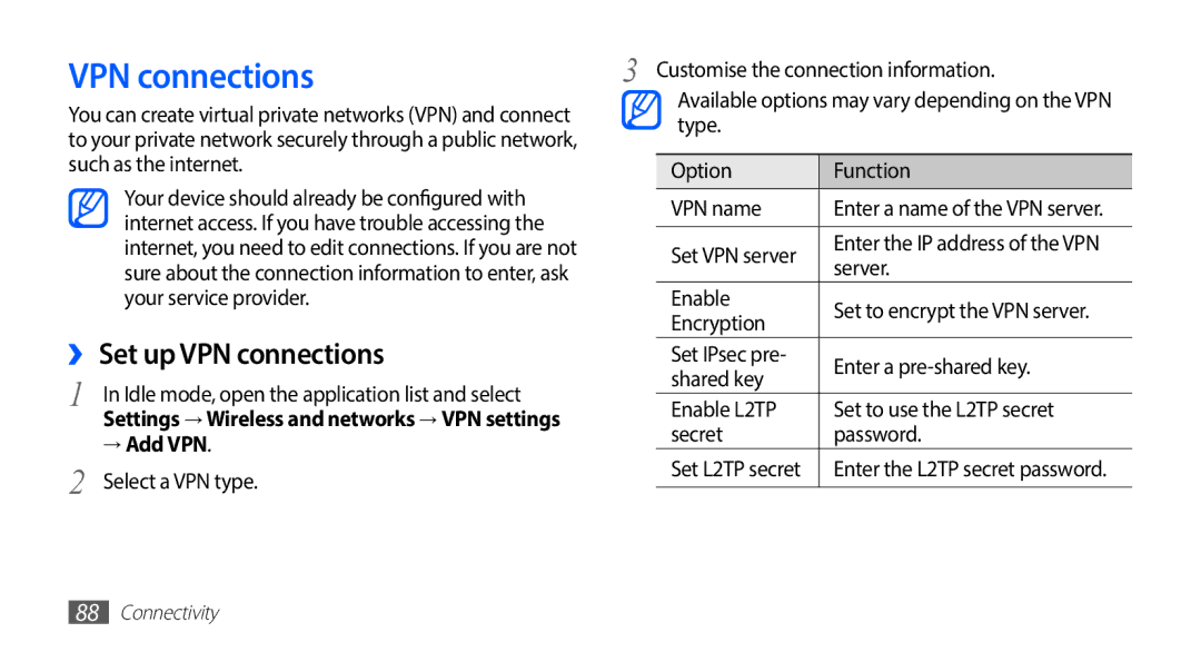 Samsung GT-S5570EGAJED, GT-S5570CWAVDR, GT-S5570AAAXEG, GT-S5570AAADBT manual ››Set up VPN connections, → Add VPN 