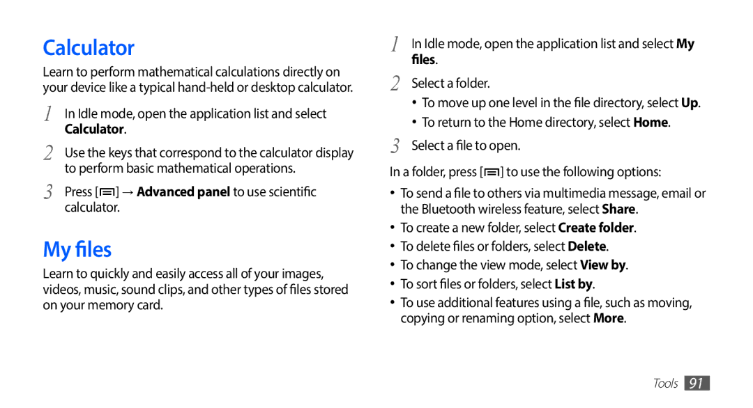 Samsung GT-S5570AAASKZ, GT-S5570CWAVDR, GT-S5570AAAXEG, GT-S5570AAADBT, GT-S5570AAAVD2 manual Calculator, My files, Files 