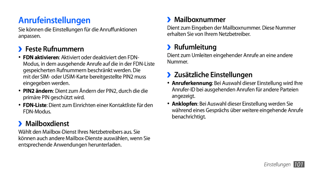 Samsung GT-S5570MAADTR, GT-S5570CWAVDR, GT-S5570AAAXEG, GT-S5570AAADBT, GT-S5570AAAVD2, GT-S5570CWAATO manual Anrufeinstellungen 