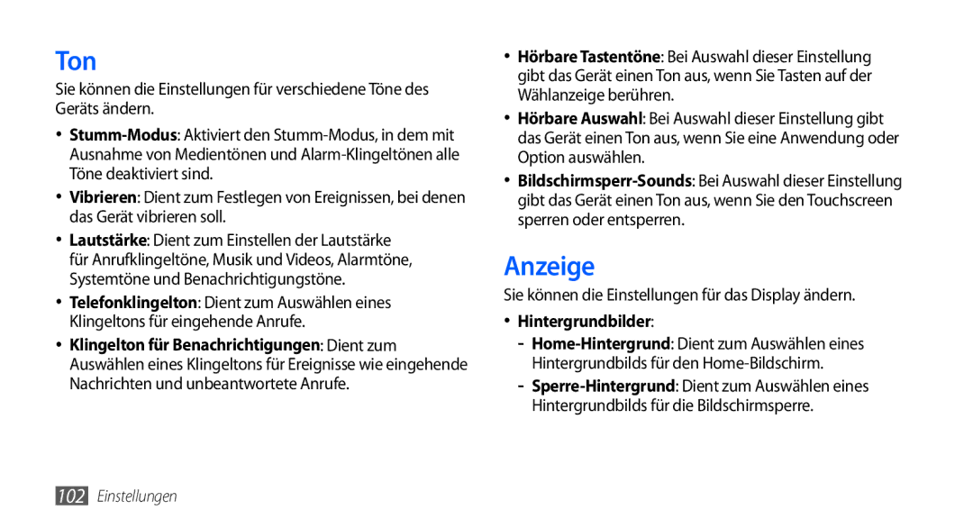 Samsung GT-S5570EGAXEG manual Ton, Anzeige, Sie können die Einstellungen für das Display ändern, Hintergrundbilder 