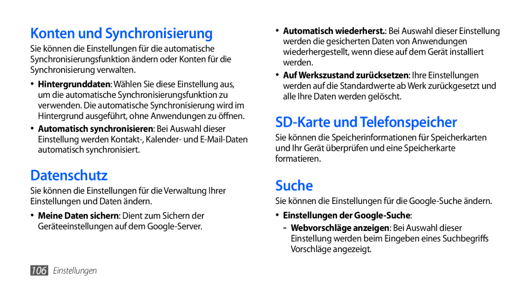 Samsung GT-S5570EGAVIA, GT-S5570CWAVDR manual Konten und Synchronisierung, Datenschutz, SD-Karte und Telefonspeicher, Suche 