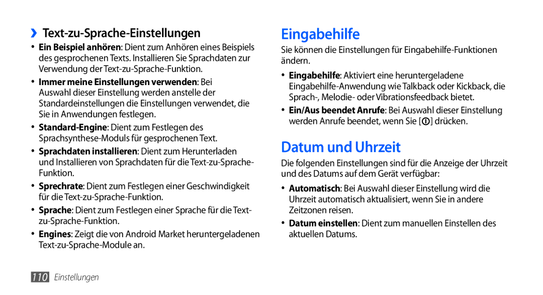 Samsung GT-S5570AAAHUI, GT-S5570CWAVDR, GT-S5570AAAXEG Eingabehilfe, Datum und Uhrzeit, ››Text-zu-Sprache-Einstellungen 