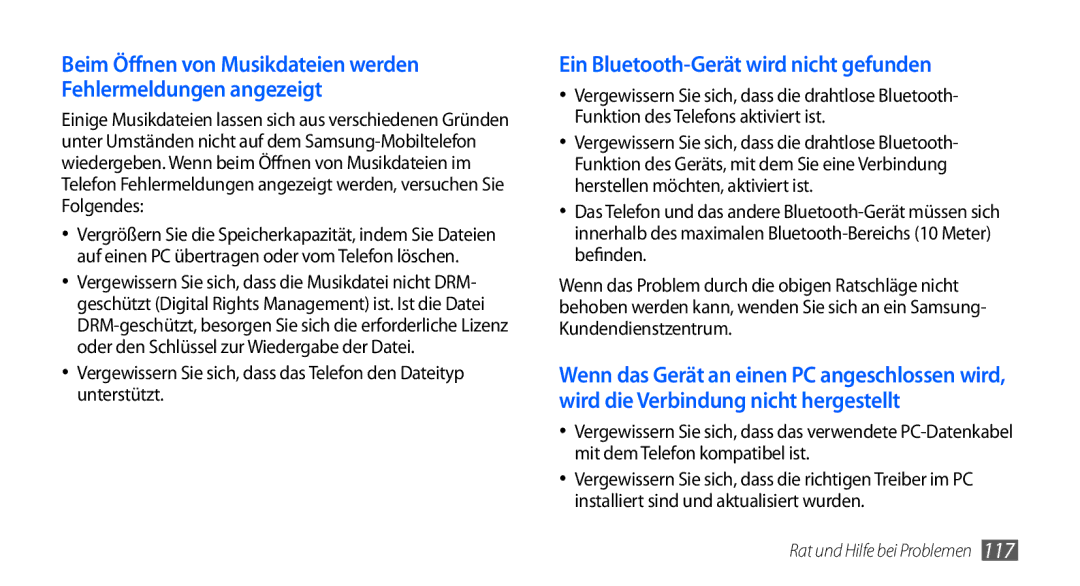 Samsung GT-S5570CWATMN, GT-S5570CWAVDR, GT-S5570AAAXEG, GT-S5570AAADBT manual Ein Bluetooth-Gerät wird nicht gefunden 