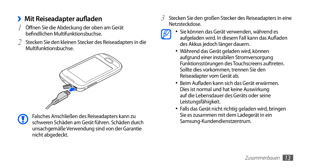 Samsung GT-S5570AAATUR, GT-S5570CWAVDR, GT-S5570AAAXEG, GT-S5570AAADBT, GT-S5570AAAVD2 manual ››Mit Reiseadapter aufladen 