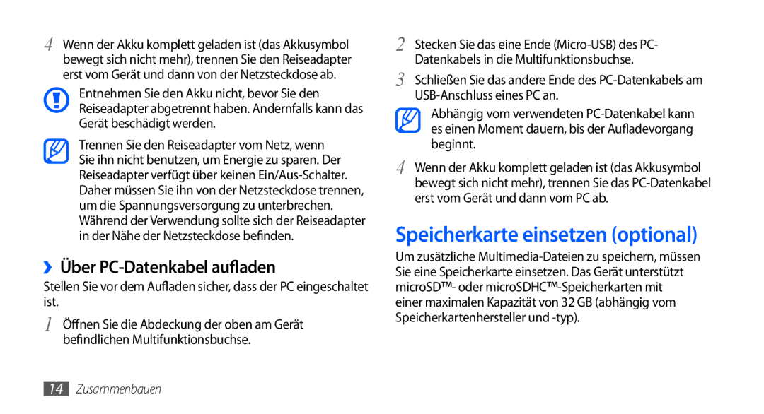 Samsung GT-S5570AAATPH, GT-S5570CWAVDR, GT-S5570AAAXEG manual Speicherkarte einsetzen optional, ››Über PC-Datenkabel aufladen 