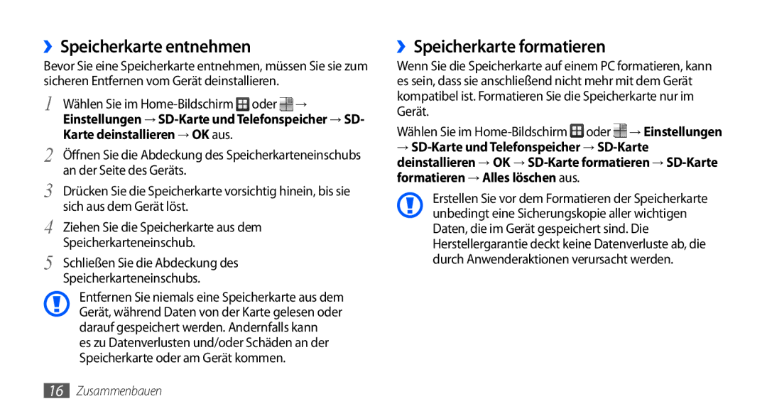 Samsung GT-S5570AAAEPL manual ››Speicherkarte entnehmen, ››Speicherkarte formatieren, Wählen Sie im Home-Bildschirm oder → 