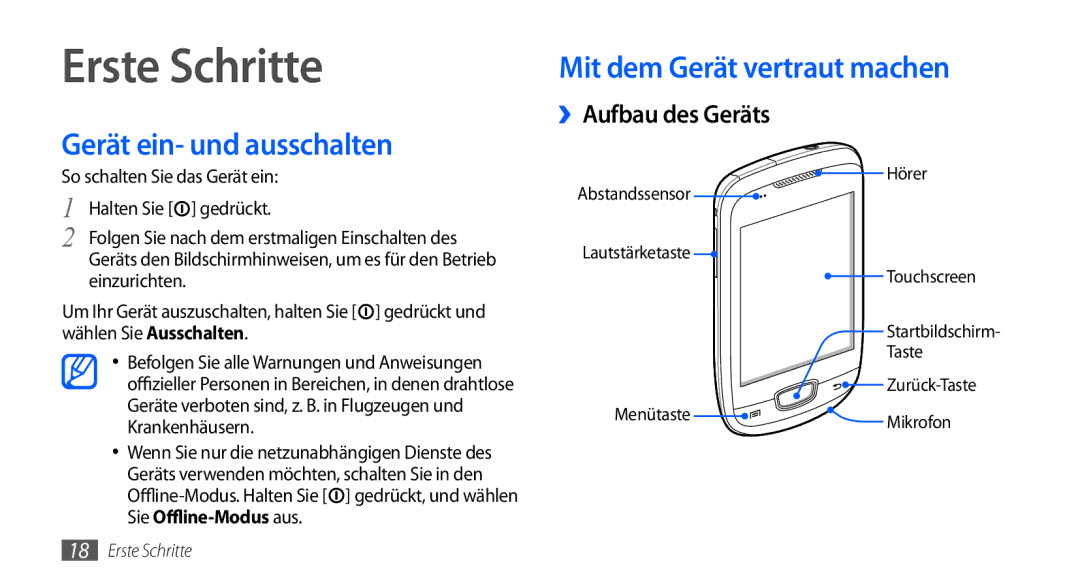 Samsung GT-S5570EGAXEG Erste Schritte, Gerät ein- und ausschalten, Mit dem Gerät vertraut machen, ››Aufbau des Geräts 