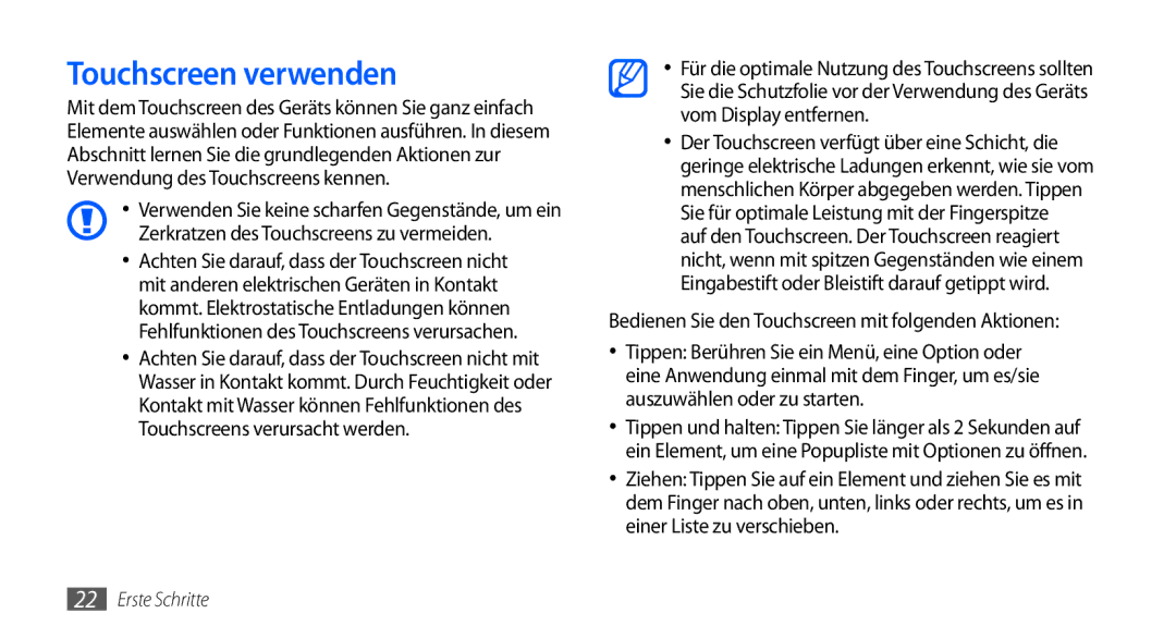 Samsung GT-S5570EGAVIA, GT-S5570CWAVDR, GT-S5570AAAXEG, GT-S5570AAADBT, GT-S5570AAAVD2, GT-S5570CWAATO Touchscreen verwenden 