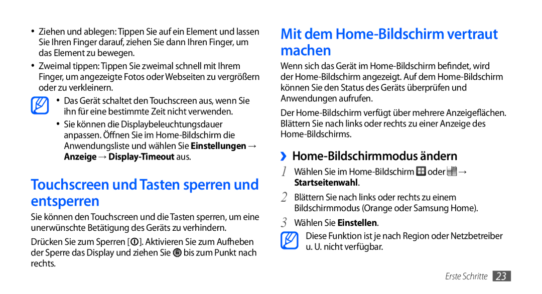 Samsung GT-S5570MOAATO manual Touchscreen und Tasten sperren und entsperren, Mit dem Home-Bildschirm vertraut machen 
