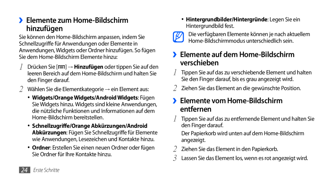 Samsung GT-S5570CWADTR Den Finger darauf, Home-Bildschirm bereitstellen, Sie Ordner für Ihre Kontakte hinzu, Angezeigt 