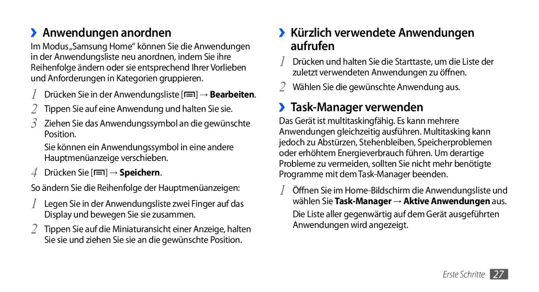 Samsung GT-S5570AAAATO manual ››Anwendungen anordnen, ››Kürzlich verwendete Anwendungen aufrufen, ››Task-Manager verwenden 