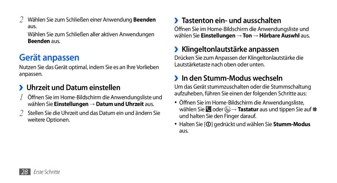 Samsung GT-S5570CWAVDR, GT-S5570AAAXEG Gerät anpassen, ››Uhrzeit und Datum einstellen, ››Tastenton ein- und ausschalten 