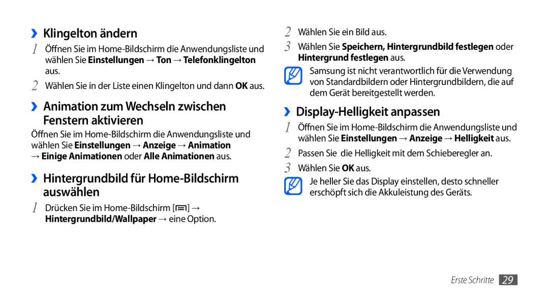 Samsung GT-S5570AAAXEG, GT-S5570CWAVDR manual ››Klingelton ändern, ››Animation zum Wechseln zwischen Fenstern aktivieren 