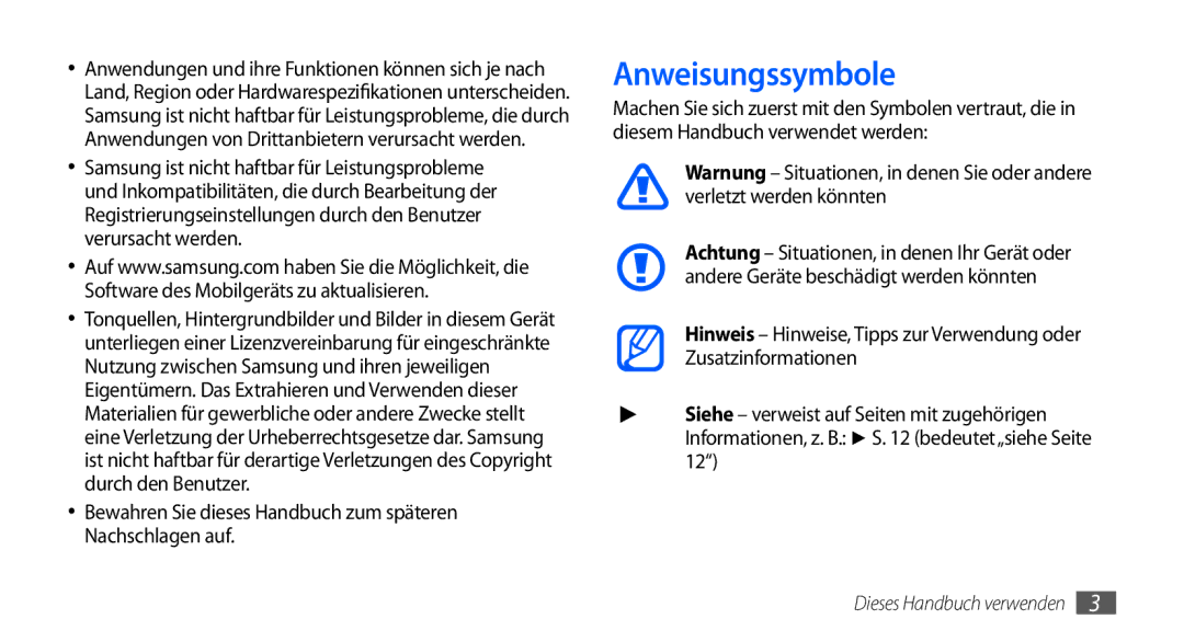 Samsung GT-S5570AAAVD2, GT-S5570CWAVDR manual Anweisungssymbole, Bewahren Sie dieses Handbuch zum späteren Nachschlagen auf 