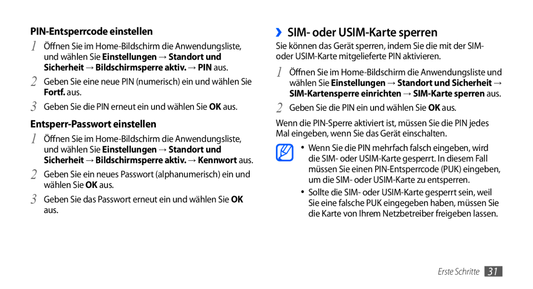 Samsung GT-S5570AAAVD2 manual ››SIM- oder USIM-Karte sperren, Geben Sie das Passwort erneut ein und wählen Sie OK aus 