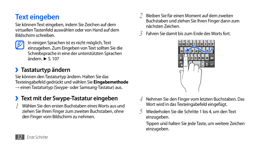 Samsung GT-S5570CWAATO, GT-S5570CWAVDR Text eingeben, ››Tastaturtyp ändern, Fahren Sie damit bis zum Ende des Worts fort 