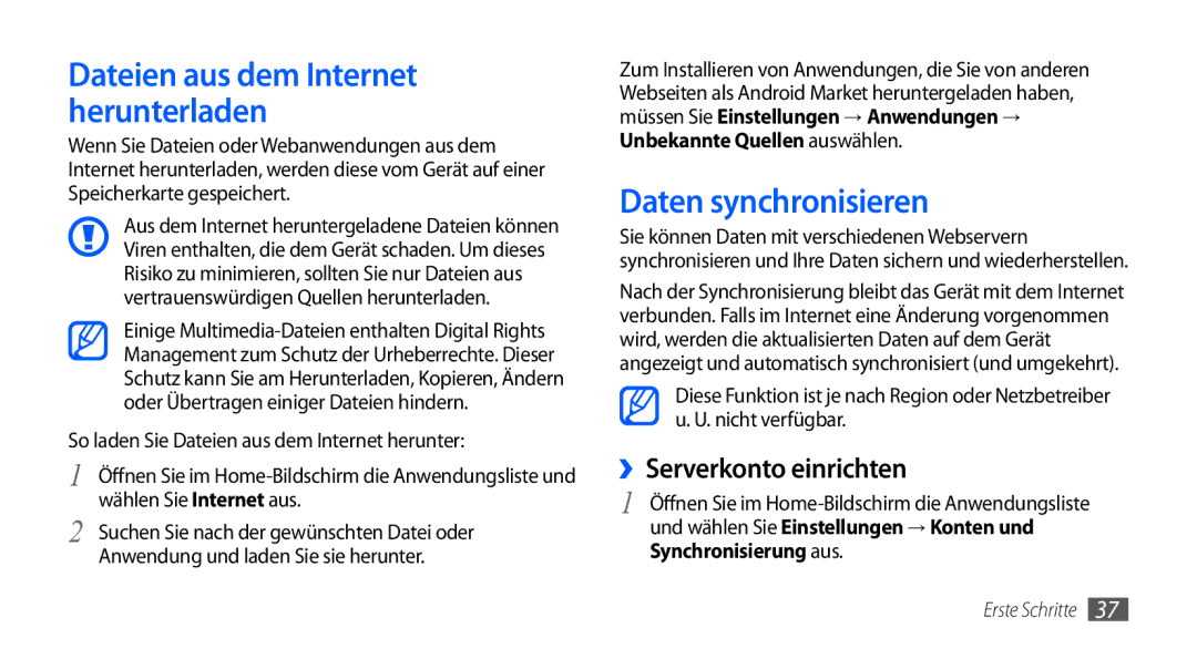 Samsung GT-S5570CWADBT Daten synchronisieren, ››Serverkonto einrichten, So laden Sie Dateien aus dem Internet herunter 