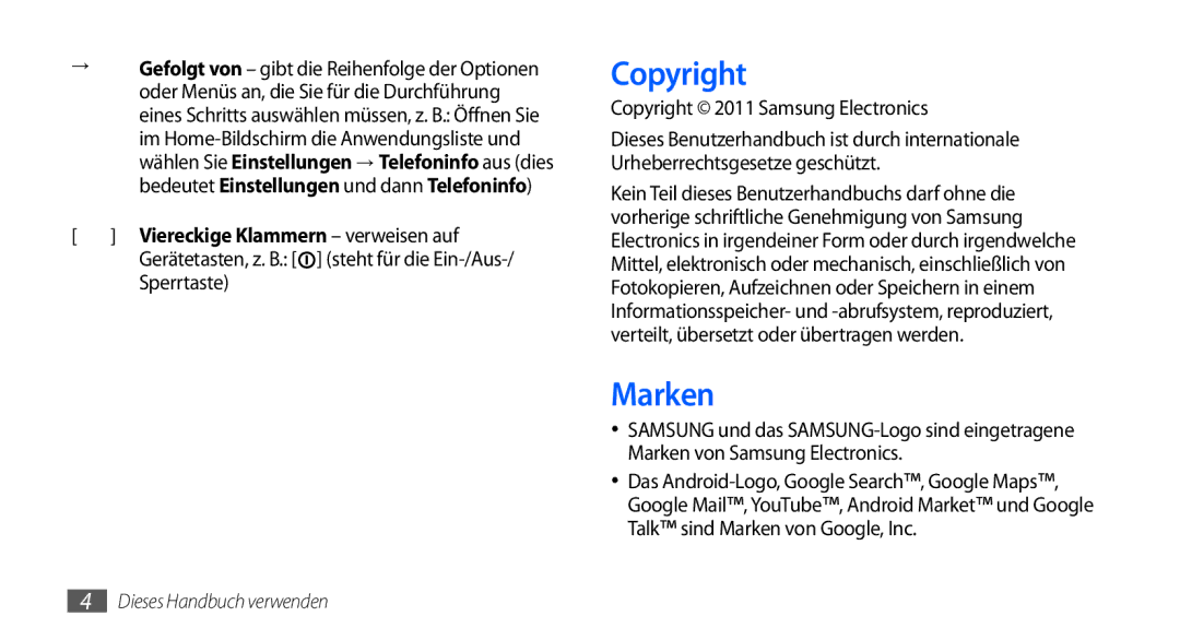 Samsung GT-S5570CWAATO, GT-S5570CWAVDR, GT-S5570AAAXEG manual Marken, Sperrtaste, Copyright 2011 Samsung Electronics 