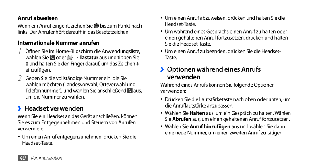 Samsung GT-S5570EGADBT, GT-S5570CWAVDR manual ››Headset verwenden, ››Optionen während eines Anrufs verwenden, Einzufügen 
