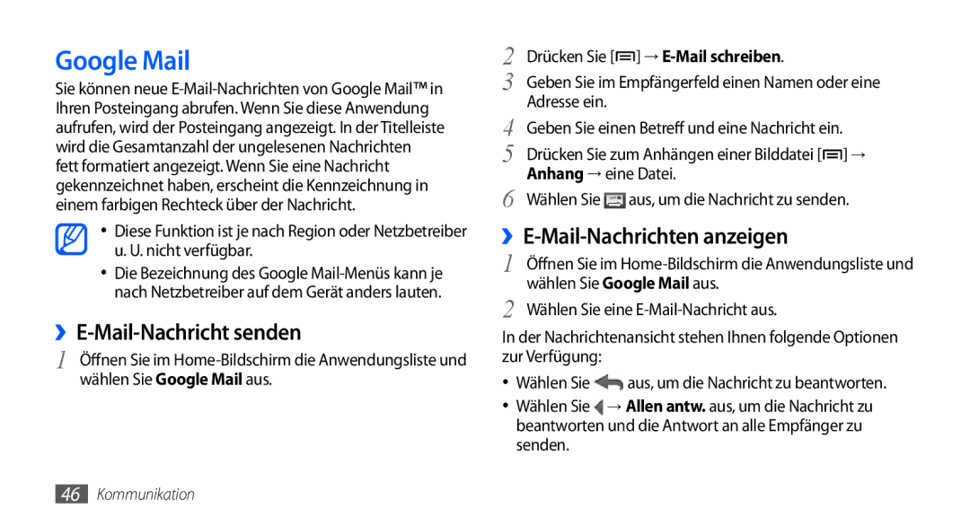 Samsung GT-S5570EGAXEG, GT-S5570CWAVDR manual Google Mail, ››E-Mail-Nachricht senden, ››E-Mail-Nachrichten anzeigen 