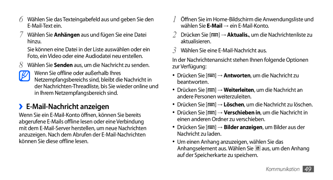 Samsung GT-S5570CWATUR, GT-S5570CWAVDR ››E-Mail-Nachricht anzeigen, Wählen Sie E-Mail→ ein E-Mail-Konto, Aktualisieren 