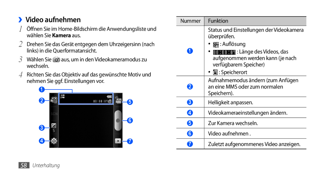 Samsung GT-S5570AAADBT, GT-S5570CWAVDR, GT-S5570AAAXEG manual ››Video aufnehmen, Zuletzt aufgenommenes Video anzeigen 