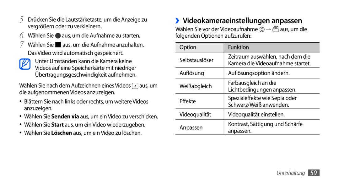 Samsung GT-S5570AAAVD2, GT-S5570CWAVDR ››Videokameraeinstellungen anpassen, Wählen Sie aus, um die Aufnahme zu starten 