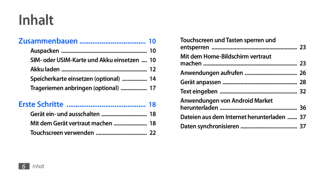 Samsung GT-S5570AAAVDR, GT-S5570CWAVDR manual Inhalt, Touchscreen und Tasten sperren und, Anwendungen von Android Market 