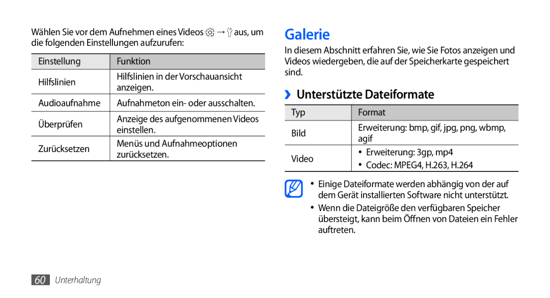 Samsung GT-S5570CWAATO, GT-S5570CWAVDR, GT-S5570AAAXEG manual Galerie, ››Unterstützte Dateiformate, Typ Format Bild, Agif 