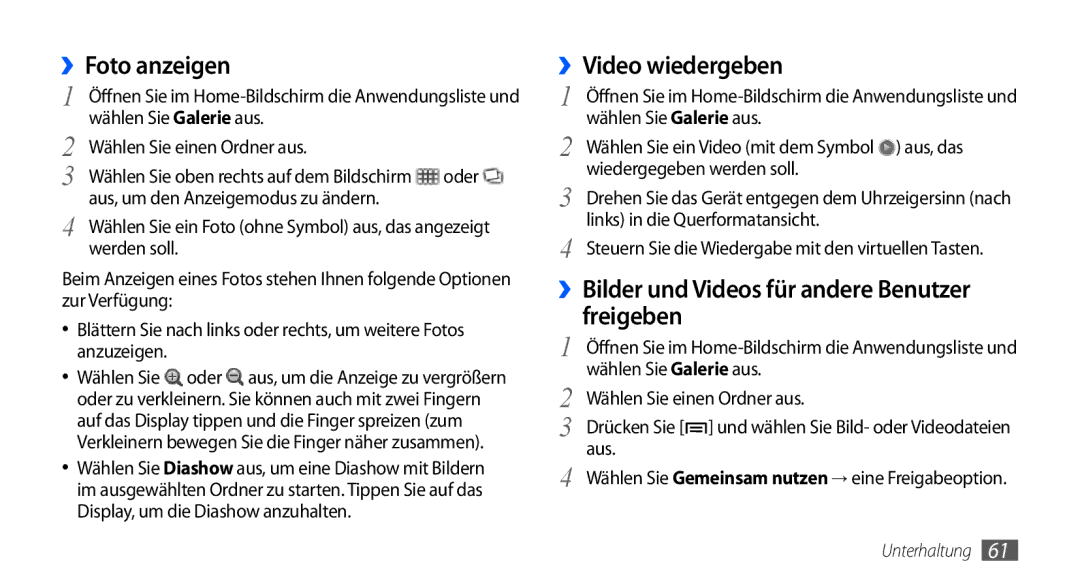 Samsung GT-S5570CWATMN manual ››Foto anzeigen, ››Video wiedergeben, ››Bilder und Videos für andere Benutzer freigeben 