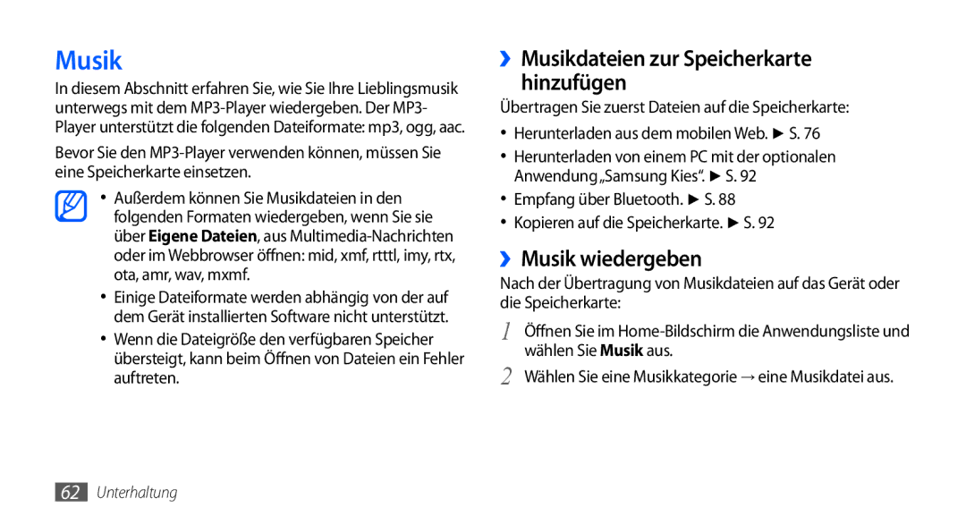 Samsung GT-S5570AAAVDR, GT-S5570CWAVDR, GT-S5570AAAXEG ››Musikdateien zur Speicherkarte hinzufügen, ››Musik wiedergeben 