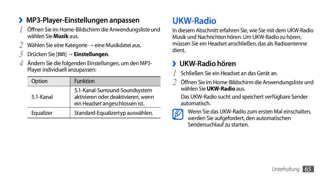 Samsung GT-S5570CWADBT, GT-S5570CWAVDR, GT-S5570AAAXEG manual ››MP3-Player-Einstellungen anpassen, ››UKW-Radio hören 