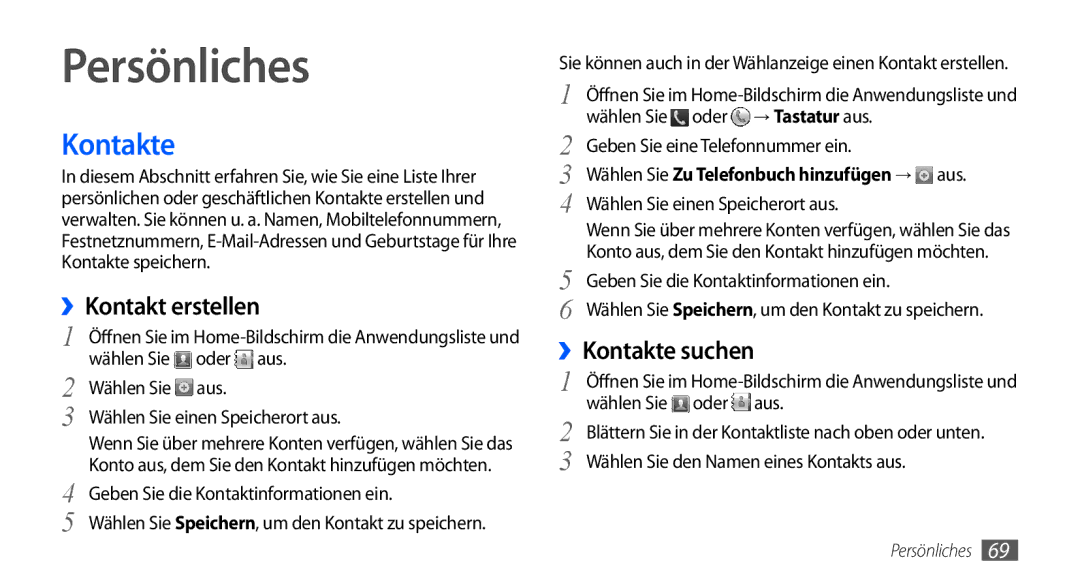 Samsung GT-S5570AAATUR, GT-S5570CWAVDR manual Persönliches, ››Kontakt erstellen, ››Kontakte suchen, → Tastatur aus 