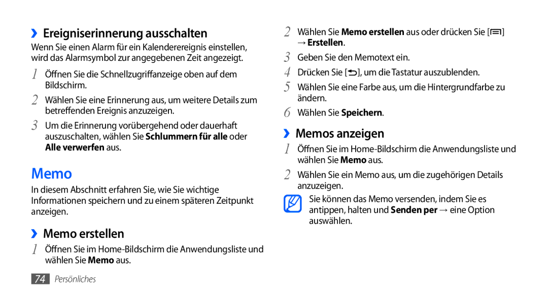 Samsung GT-S5570EGAXEG manual ››Ereigniserinnerung ausschalten, ››Memo erstellen, ››Memos anzeigen, → Erstellen 