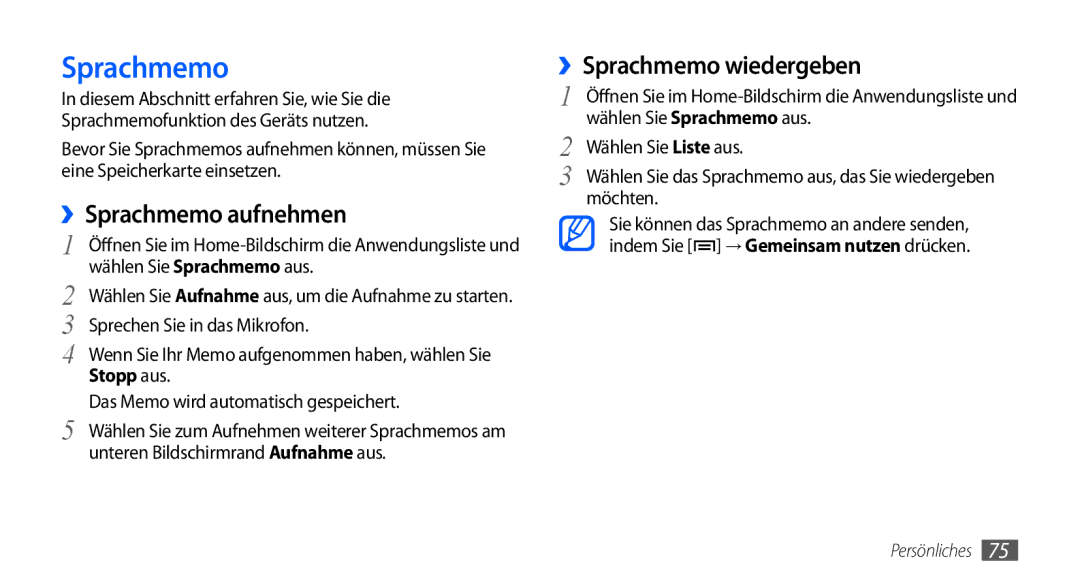 Samsung GT-S5570EGADTR, GT-S5570CWAVDR, GT-S5570AAAXEG, GT-S5570AAADBT ››Sprachmemo aufnehmen, ››Sprachmemo wiedergeben 