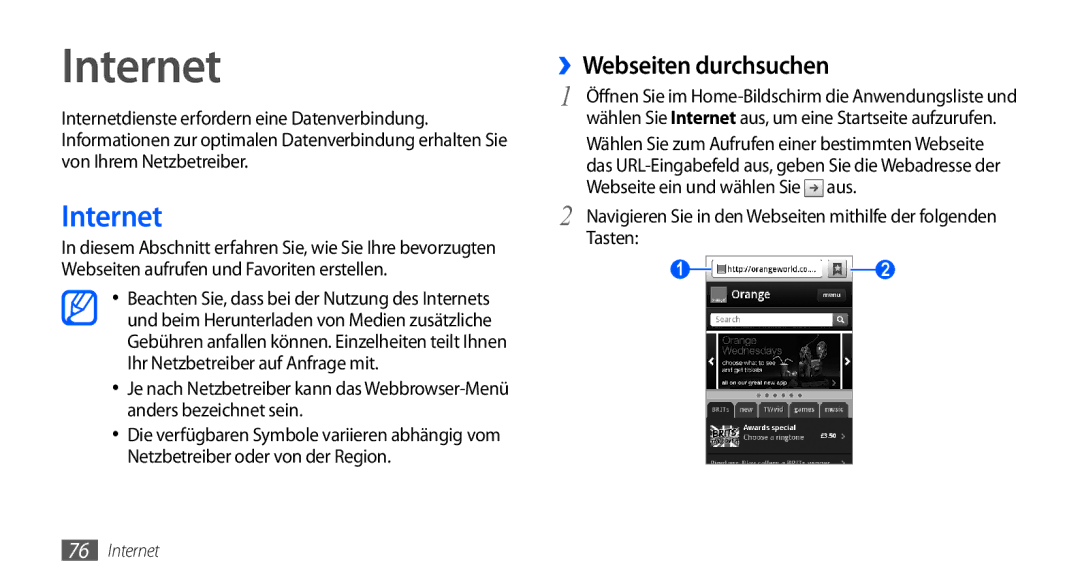 Samsung GT-S5570AAADTR, GT-S5570CWAVDR, GT-S5570AAAXEG, GT-S5570AAADBT, GT-S5570AAAVD2 manual Internet, ››Webseiten durchsuchen 