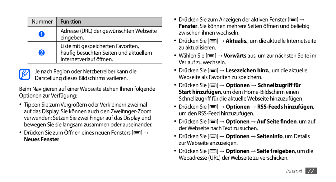 Samsung GT-S5570CWATUR, GT-S5570CWAVDR, GT-S5570AAAXEG manual Drücken Sie zum Öffnen eines neuen Fensters → Neues Fenster 