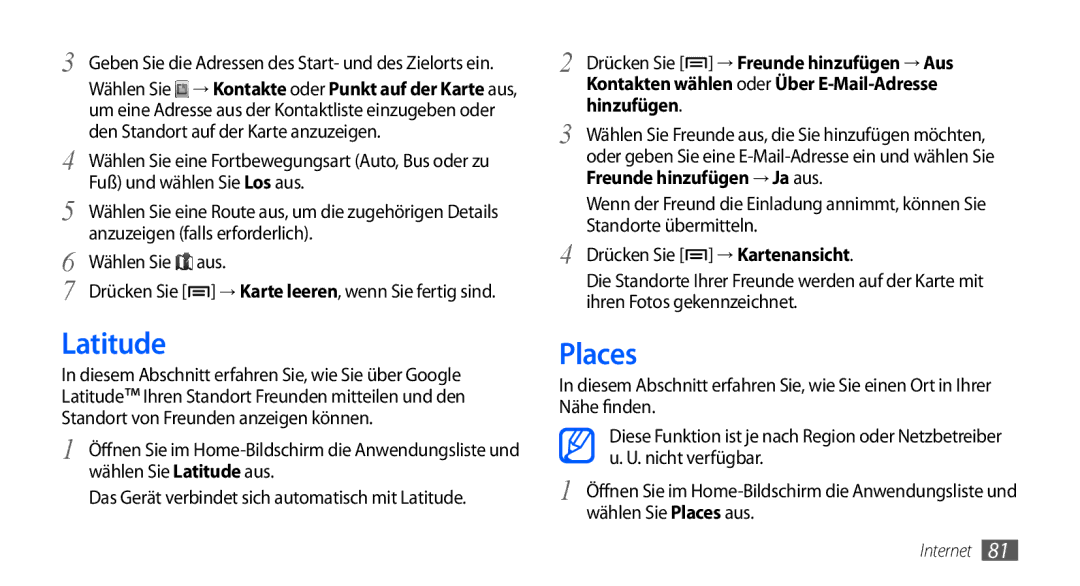 Samsung GT-S5570AAAVID, GT-S5570CWAVDR, GT-S5570AAAXEG manual Latitude, Places, Hinzufügen, Freunde hinzufügen → Ja aus 