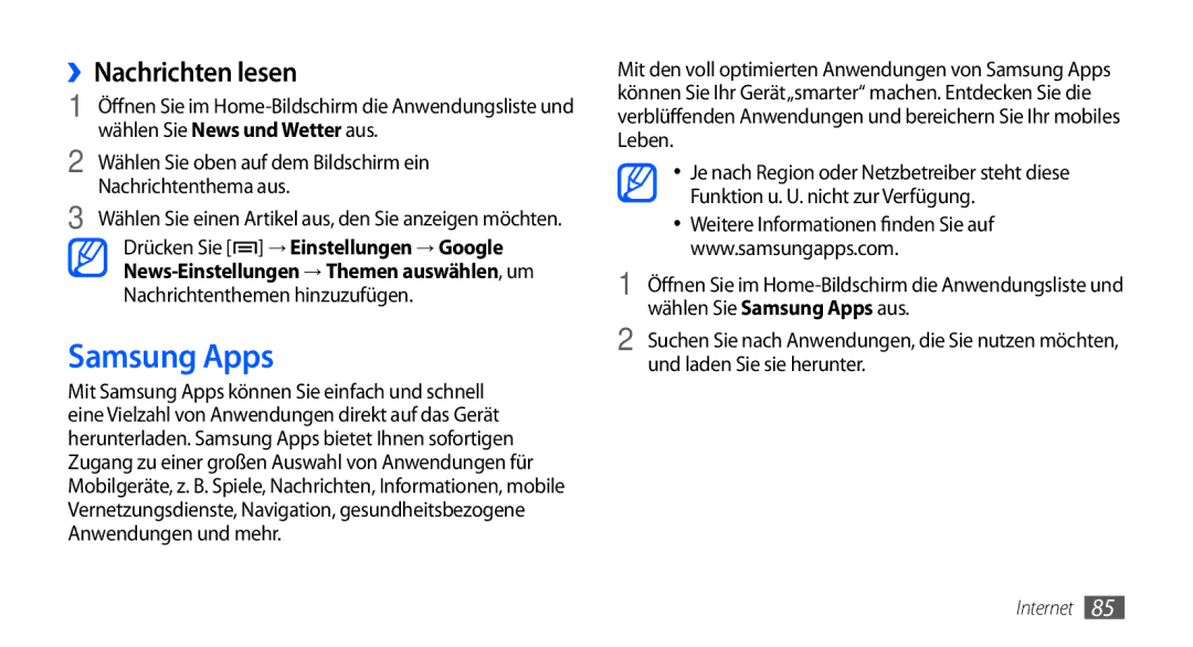 Samsung GT-S5570AAAXEG Samsung Apps, ››Nachrichten lesen, Wählen Sie oben auf dem Bildschirm ein Nachrichtenthema aus 