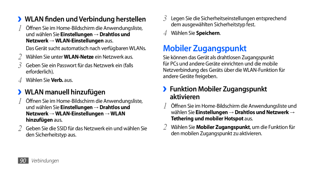 Samsung GT-S5570AAAVDR, GT-S5570CWAVDR manual ››WLAN manuell hinzufügen, ››Funktion Mobiler Zugangspunkt aktivieren 