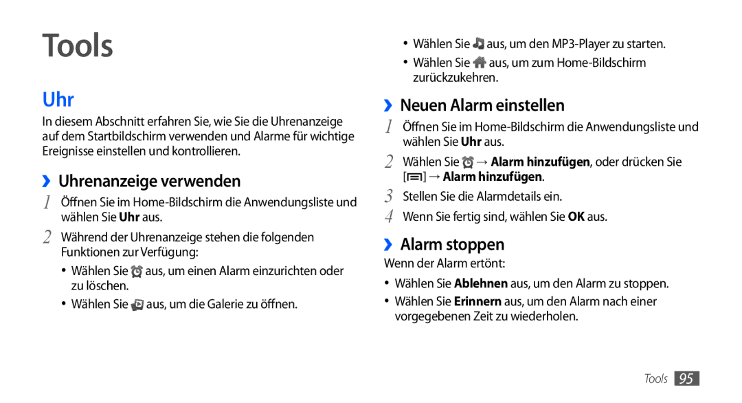 Samsung GT-S5570AAATMN, GT-S5570CWAVDR manual Tools, ››Uhrenanzeige verwenden, ››Neuen Alarm einstellen, ››Alarm stoppen 