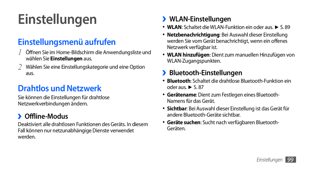 Samsung GT-S5570AAAITV, GT-S5570CWAVDR, GT-S5570AAAXEG manual Einstellungen, Einstellungsmenü aufrufen, Drahtlos und Netzwerk 