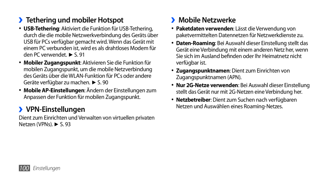 Samsung GT-S5570AAAEPL, GT-S5570CWAVDR manual ››Tethering und mobiler Hotspot, ››VPN-Einstellungen, ››Mobile Netzwerke 